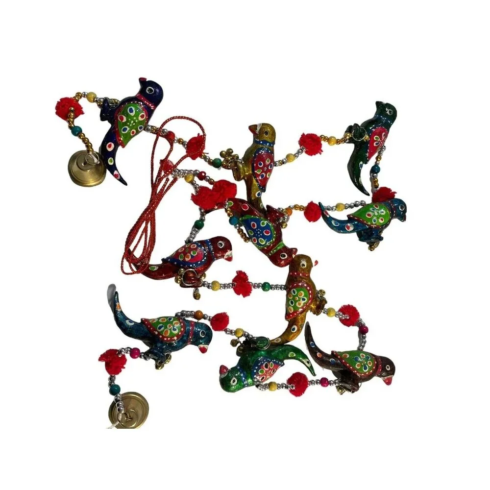 VTG Enameled Birds With Bells Beaded Christmas Garland 2‎ Strands MCM Colorful